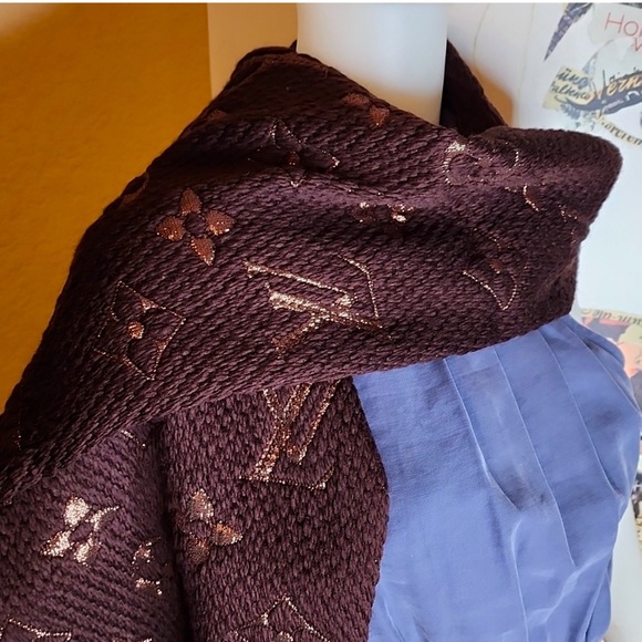 NEW LOUIS VUITTON LV LOGOMANIA WOOL SCARF M71383 BROWN SHINE - Picture 2 of 4